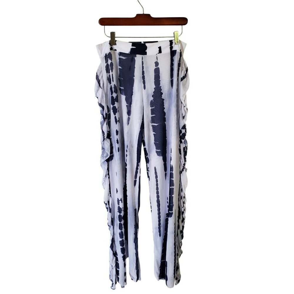 Tie Dye Transparent Mesh Beach Pants High Waist Wide Leg White & Navy Blue M - Picture 3 of 11